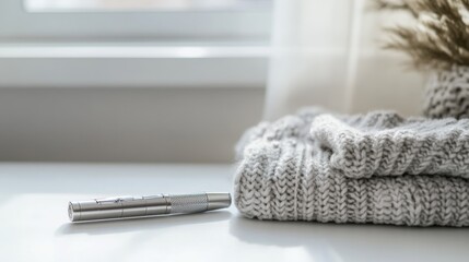 Vaping device on a white desk next to a folded, soft sweater. Featuring simplicity and comfort