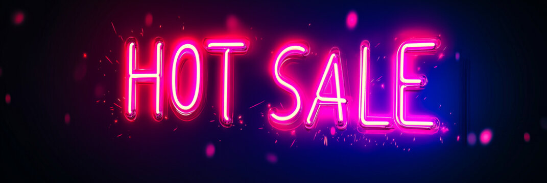 glowing neon sign with text 'HOT SALE' and bright sparks on dark blue background, concept of shopping, retail marketing, e commerce