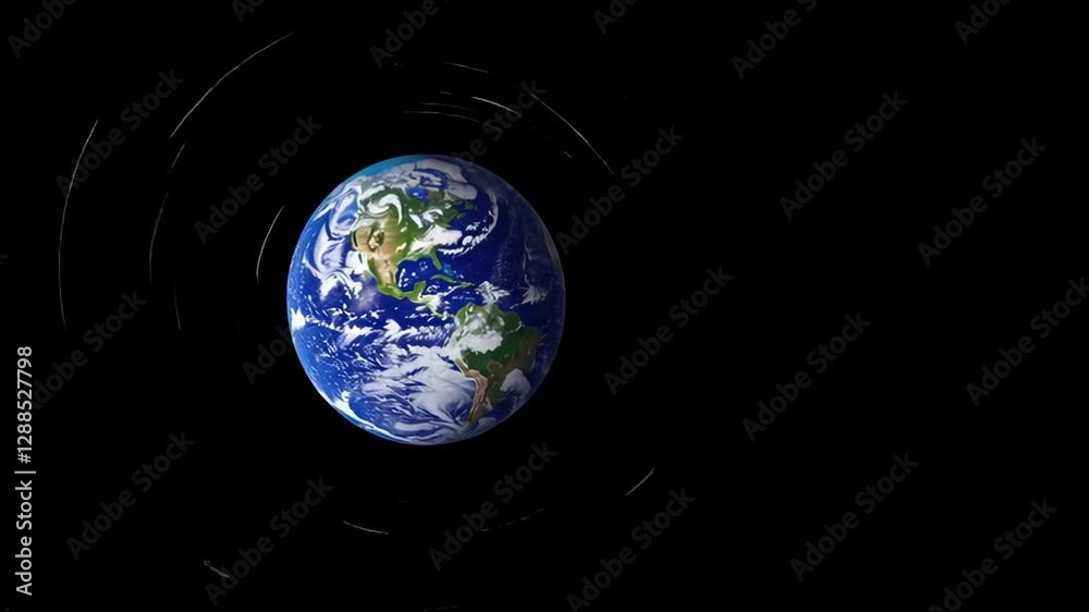 Aufkleber Planet earth rotating slowly in space on a black background, with light trails appearing around it, creating a mesmerizing slow motion effect