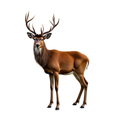 Obraz premium Majestic red deer stag portrait, isolated on transparent background. Full body studio shot of alert animal with detailed fur and antlers. Wildlife illustration for nature designs.