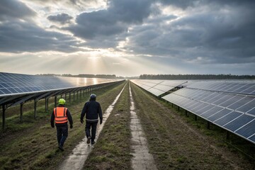 Employees walk between rows of solar panels. Employees walk between rows of solar panels