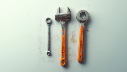 Dusty wrenches on a white surface