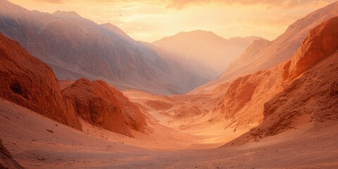 Naklejka premium A serene desert landscape bathed in warm orange light, featuring rugged mountains and a vast sandy valley.