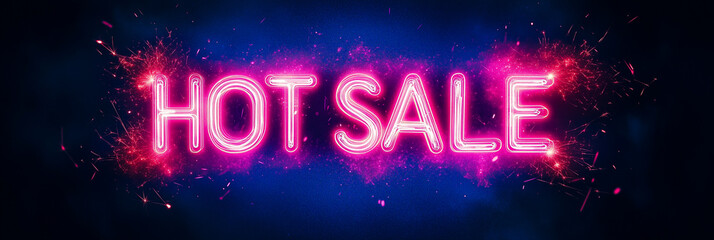 glowing neon sign with text 'HOT SALE' and bright sparks on dark blue background, concept of shopping, retail marketing, e commerce