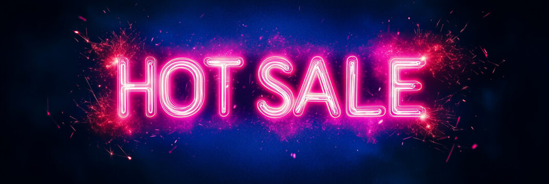 glowing neon sign with text 'HOT SALE' and bright sparks on dark blue background, concept of shopping, retail marketing, e commerce