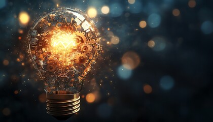 Futuristic lightbulb glowing with creativity, gears and cogwheels integrated into the design, representing technological breakthroughs in business strategy, digital art