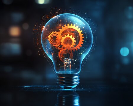 Futuristic glowing lightbulb with intertwined gears and cogwheels, representing the synergy of technology and business innovation, creative strategy, 3D digital art