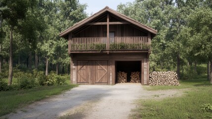 Tranquil Rustic Timber Frame House in Forest Clearing with Clay Walls and Barn Door, Photorealistic Retreat Amid Lush Valley