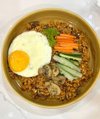 Fried rice mushroom with egg, Asian vegetarian cuisine ready to eat