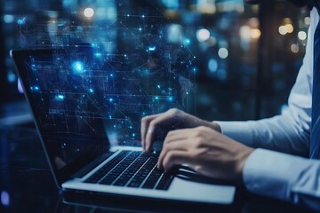 Businessman Working on Laptop with Global Network Data Visualization