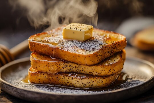 Indulgent french toast stack drizzled with honey and butter, topped with poppy seeds and steam