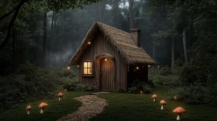 Fototapeta premium Enchanted Straw Cottage in the Magical Forest - Photorealistic Fantasy Scene with Glowing Mushrooms and Fairy Lights