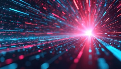 Abstract futuristic background with lines for network and data center. Dark backdrop with blue, pink neon lights into digital tunnel, generative AI motion design for tech presentation.