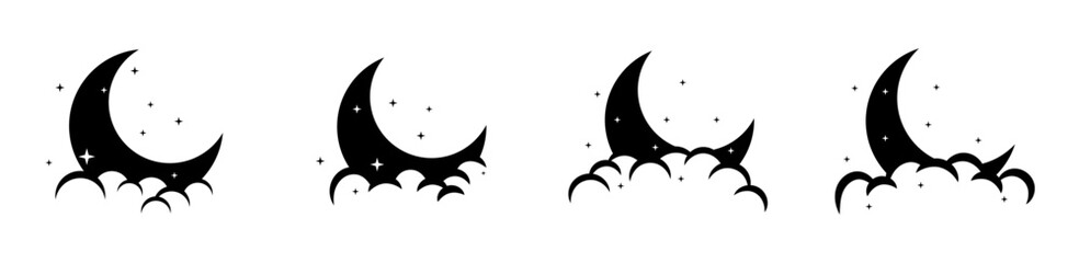 crescent moon with the stars and clouds black silhouette
