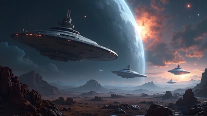 Obraz premium Futuristic Landscape with Multiple UFOs Above Alien Terrain and a Distant Planet in the Night Sky
