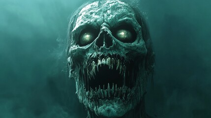 A skull with glowing eyes and a mouth full of teeth