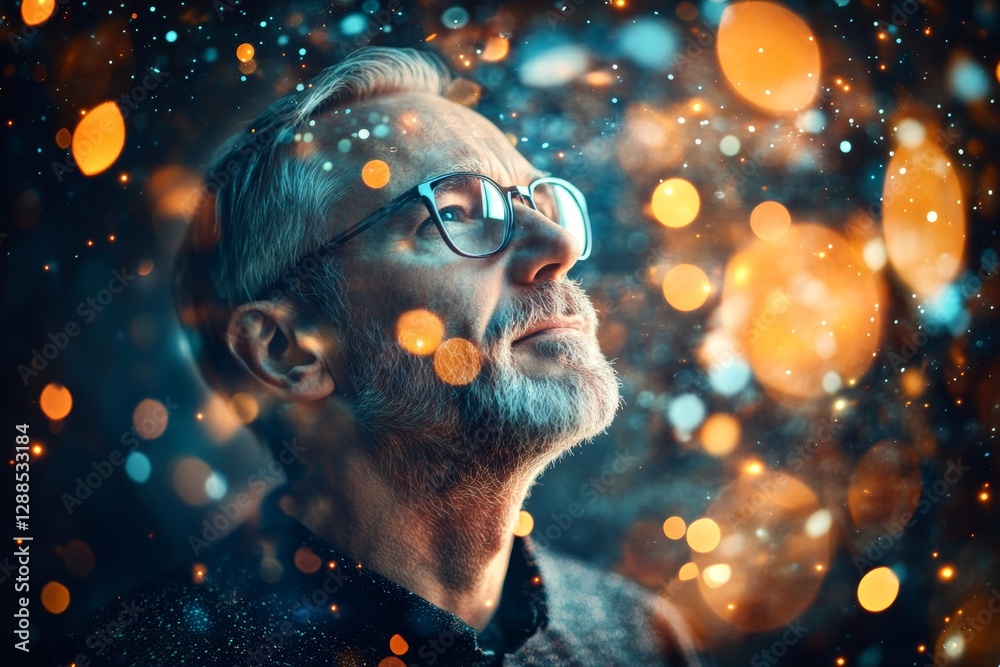 Poster double exposure of a middle aged man merging with data science in a futuristic setting
