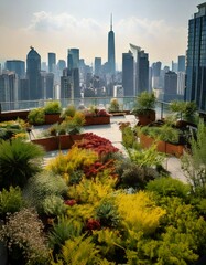Fototapeta premium urban rooftop garden with a city skyline view 