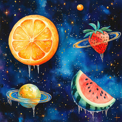 
Watercolor space scene with vibrant fruit planets - glowing rings, strawberry meteor, watermelon planet with floating ice rings, deep galaxy background, dreamy artistic aesthetic