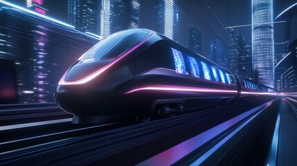 Fototapeta premium Futuristic High-Speed Train in Neon Cityscape at Night