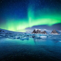 Naklejka premium Arctic landscape with icebergs and a tranquil sea 