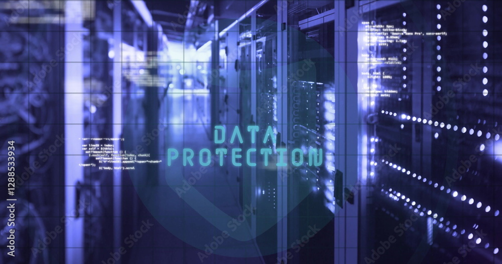 Poster image of data processing and fingerprint with icons over server room