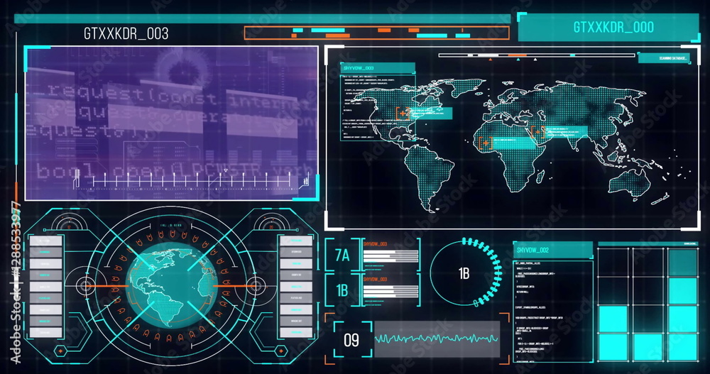 Poster image of diagrams, scope scanning and data processing over world map and globe