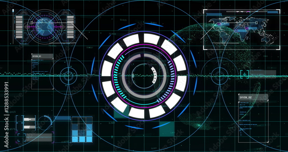 Poster image of data processing and scope scanning over globe and world map