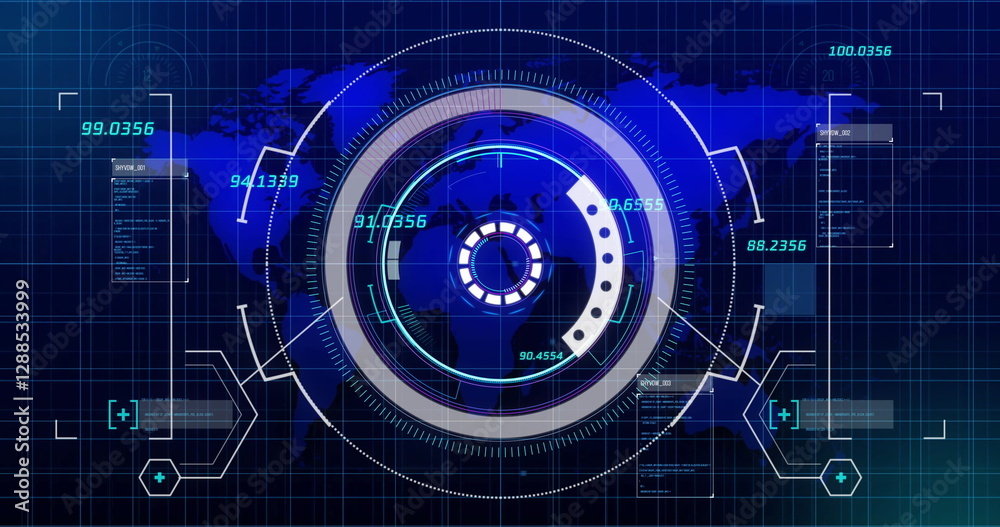 Poster image of data processing and scope scanning over world map