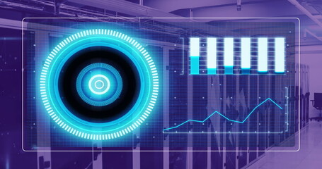 Image of diagrams, scope scanning and data processing over server room