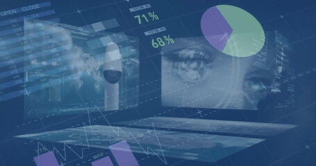 Image of diagrams and data processing over screens with camera and eyes