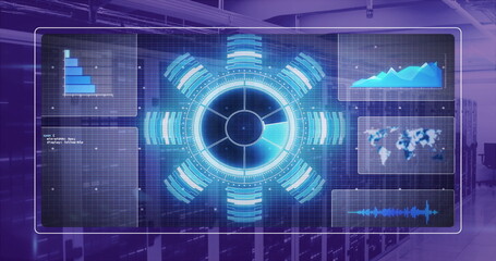 Image of diagrams, scope scanning and data processing over server room