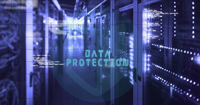 Image of data processing and fingerprint with icons over server room