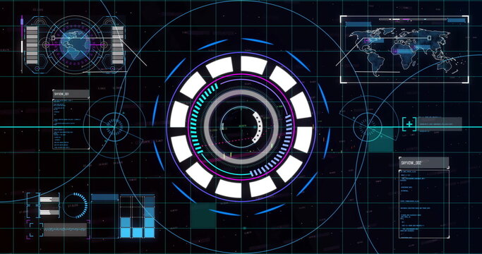 Image of data processing and scope scanning over globe and world map