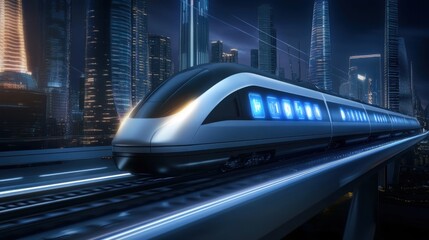 Fototapeta premium Futuristic High-Speed Train Gliding Through Neon Cityscape at Night