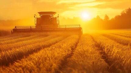 Fototapeta premium Modern combine harvester working in golden fields at sunset, highlighting the beauty of agricultural labor
