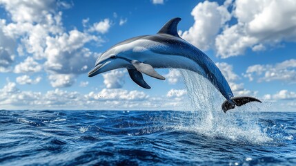Naklejka premium A graceful dolphin leaps mid-air, twisting elegantly to the right as dynamic water splashes around it, capturing a moment of fluid motion and natural beauty