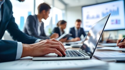 Business professionals working on laptops during a corporate meeting, discussing data and financial reports