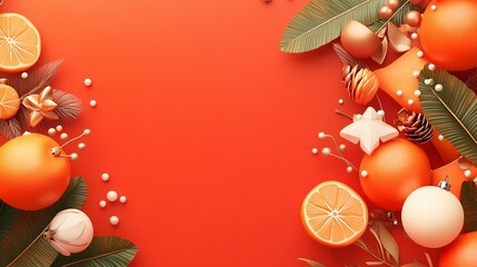 Oranges ornaments and green leaves arranged on a vibrant red background