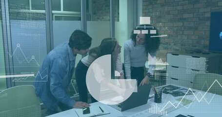 Image of media icons processing data over diverse colleagues using laptop at casual office