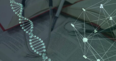 Image of dna strand and network of connections with icons over stethoscope