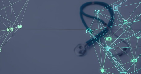 Image of network of connections with icons over stethoscope