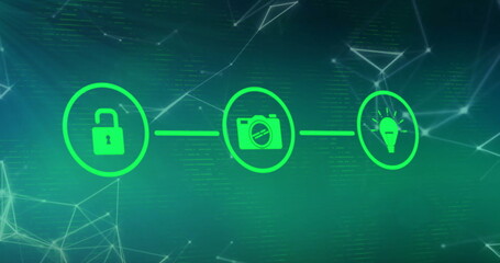 Image of network of connections with digital icons over green background