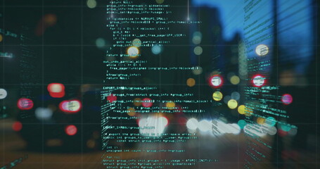 Image of digital data processing over cityscape