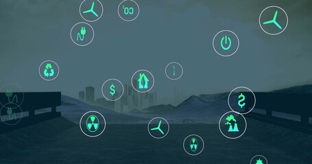 Image of network of digital eco icons over cityscape