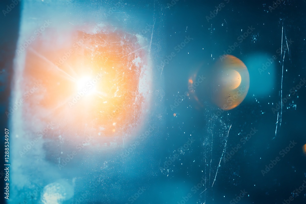 Poster bright star and planet in deep space.