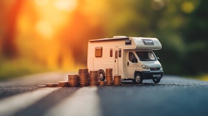 A charming garden setting features a whimsical road made of coins that guides the eye to a tiny camper, all against the backdrop of a warm and inviting sunset