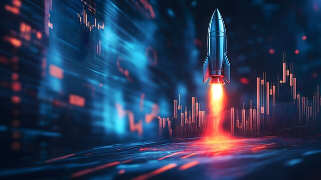 Stock market-inspired illustration showing a rocket launching into the digital trading space with vibrant visuals representing data growth and investment opportunities