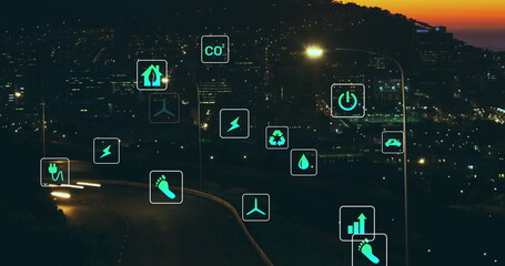 Image of network of eco icons over cityscape