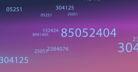 Image of data processing and light trails moving on purple background